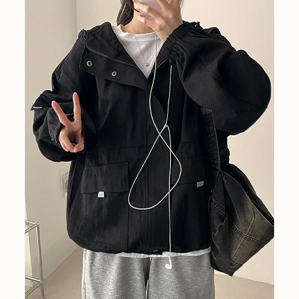 Haute High Neck Hem String Pocket Hooded Jacket