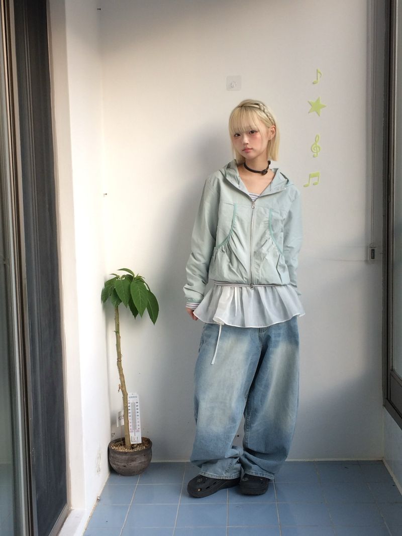 Shirring Pocket Two-Way Wind Zip-Up