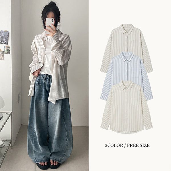 hijjoo（ハイチュー）の「ルーズフィットベーシックストライプシャツ (3 colors)（トップス）」