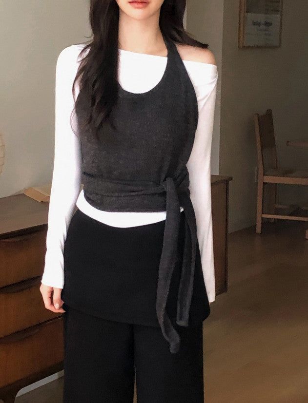 Halter Neck Wrap Knit Bustier (3color)
