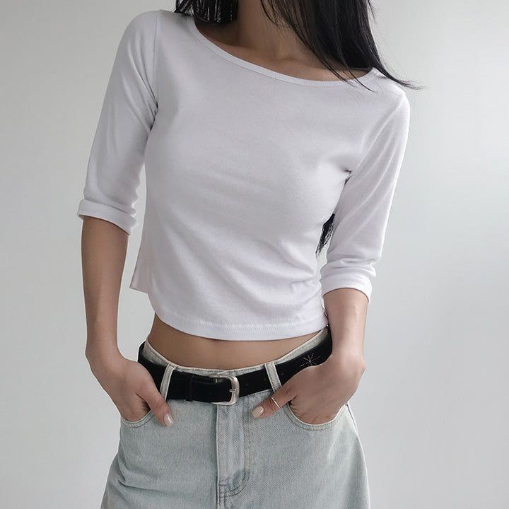  [Riabu] boat Neck Three-quarter sleeve cropped T-shirt - 4 color