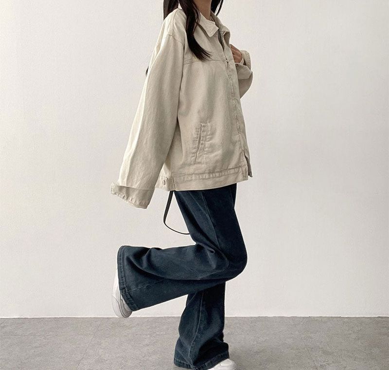 Rentto Basic Collar Zipper Loose Fit Cotton Jacket