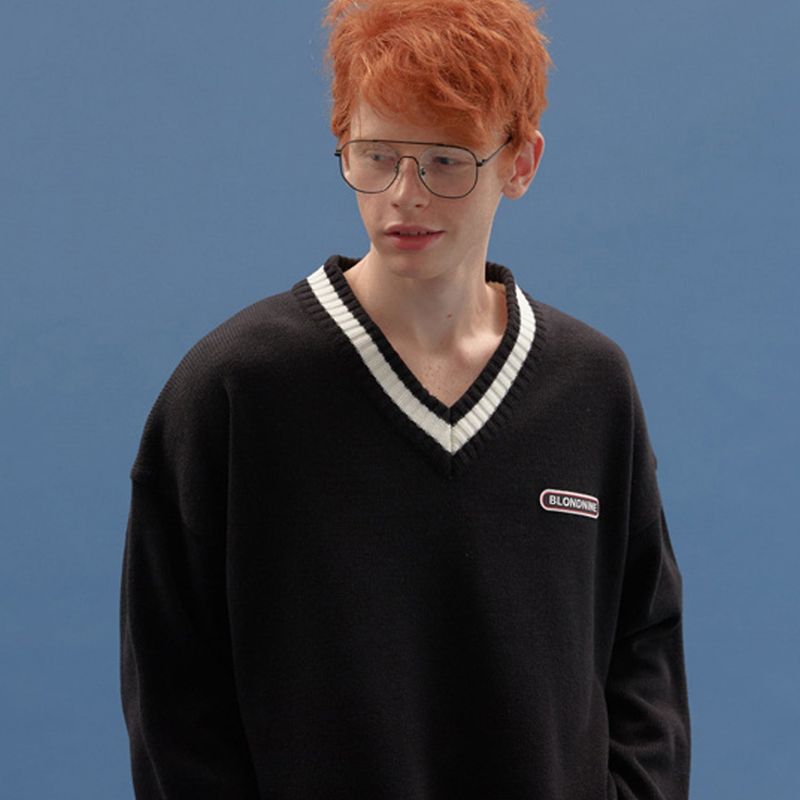 BASIC V NECK  KNIT SWEATER_BLACK