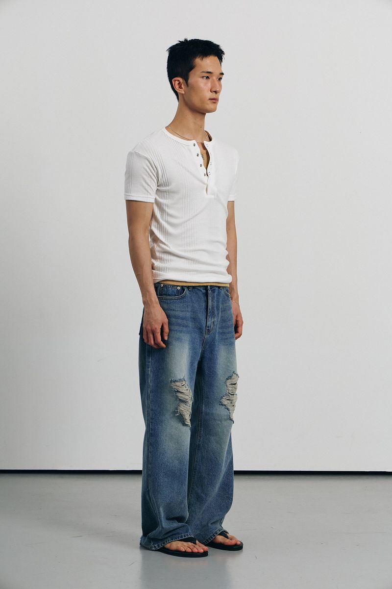 Tin washed damage flare denim pants(Blue)
