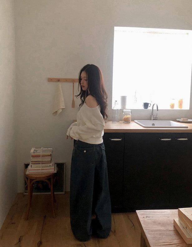 Back Flap Pocket Washed Wide Denim Pants (2color)
