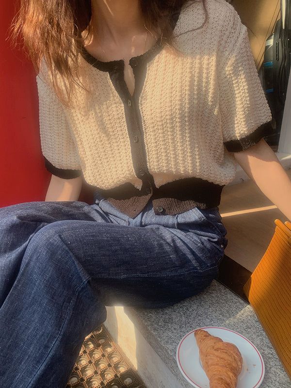 frenchaube（フレンチオーブ）の「マロンズパステルクロップドサマー半袖ニットカーディガン(5color) / Maronz Pastel Cropped Summer Short-Sleeved Knit Cardigan (5 colors)（）」