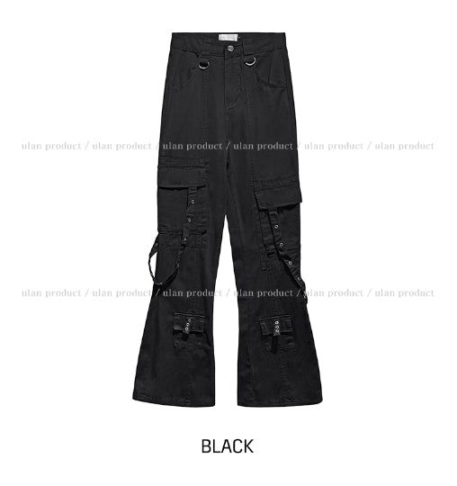アカンアイレットストラップセミブーツカットパンツ
