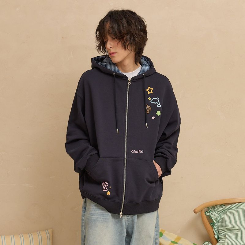 Star Dolphin Emboss Graphic Hood Zip Up