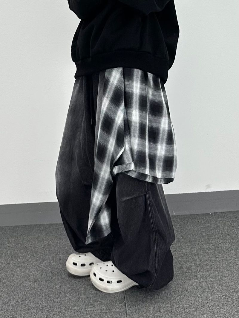 チェックレイヤーデニムパンツ
