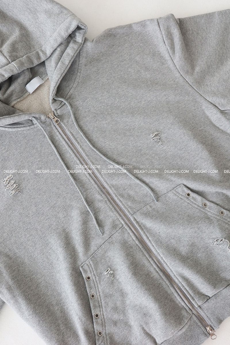 Punching Eyelet Damage Oversized-Fit Hooded Zip-Up
