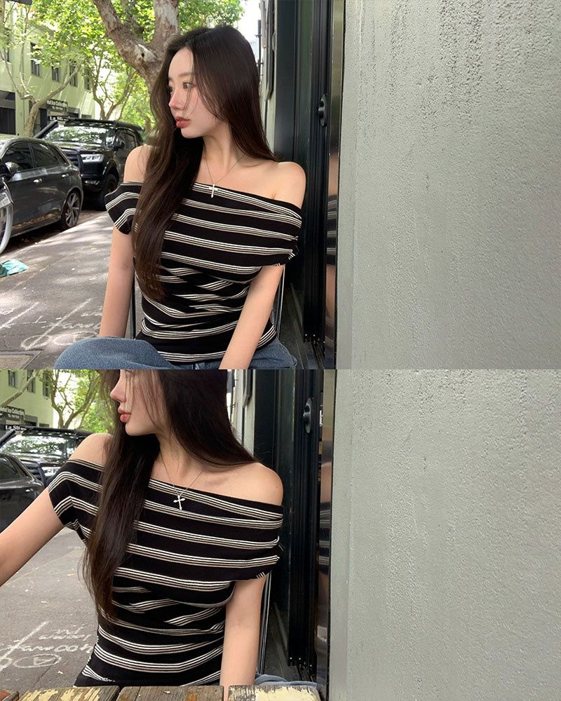 [ORIGINAL] Cree striped off-shoulder T-shirt