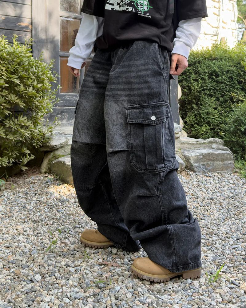 Bern diagonal cargo wide denim pants