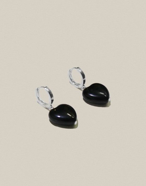 Black Onyx Heart Earrings Silver