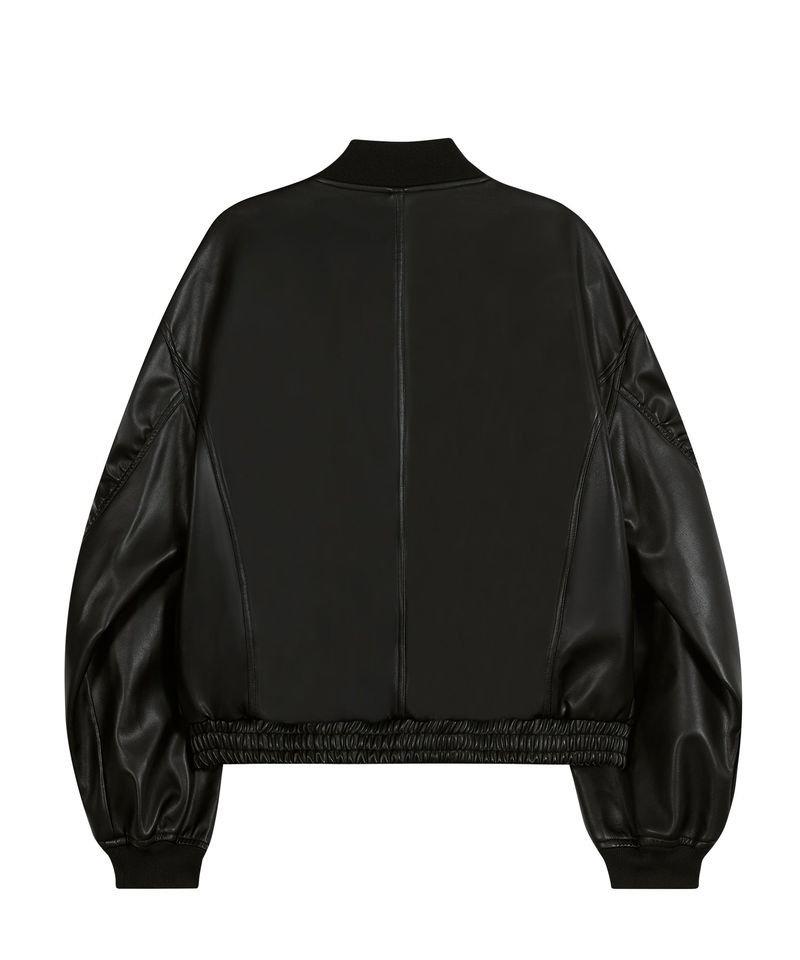 87-STAN026 [Vegan Leather] Curved Layer Bomber Leather Jacket Black