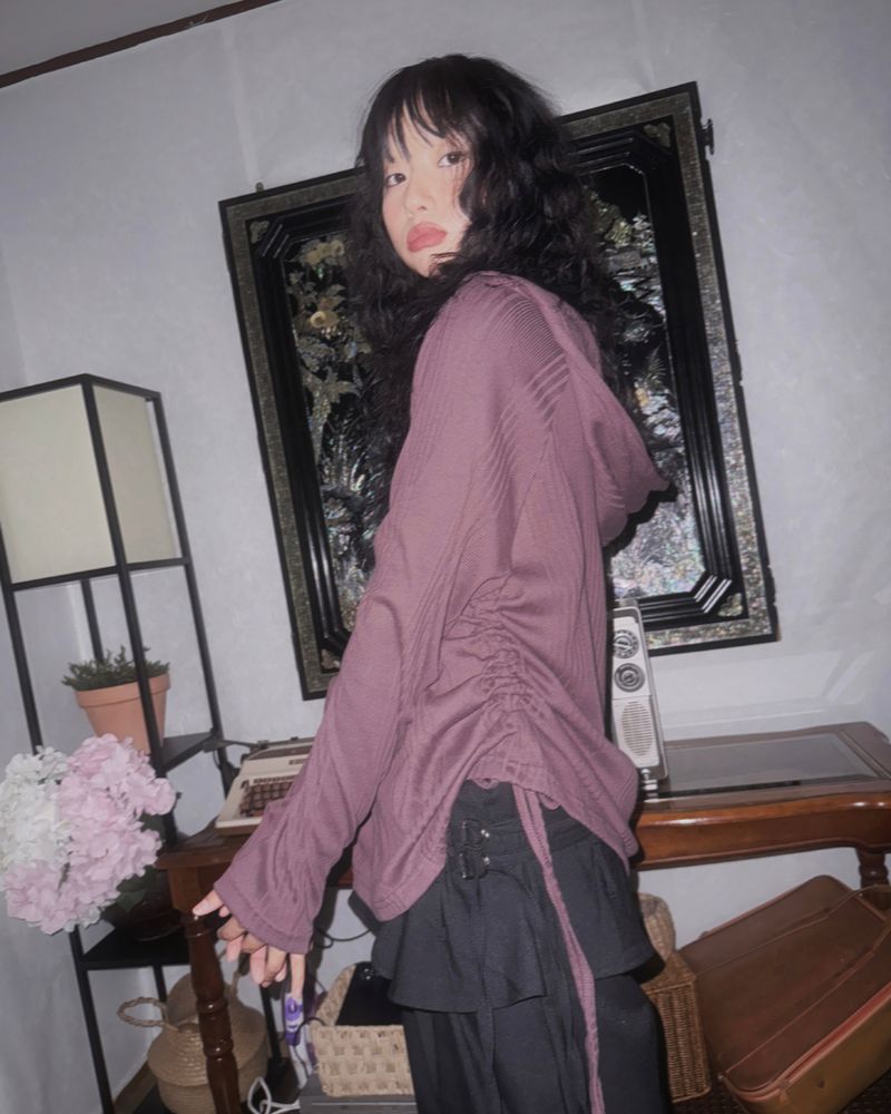 (3color) Shirring Diagonal Button Drape Hoodie Knit Tee