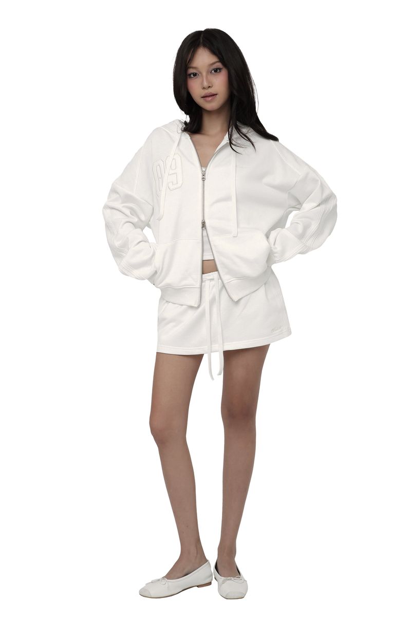 09 Numbering hooded zip-up, White