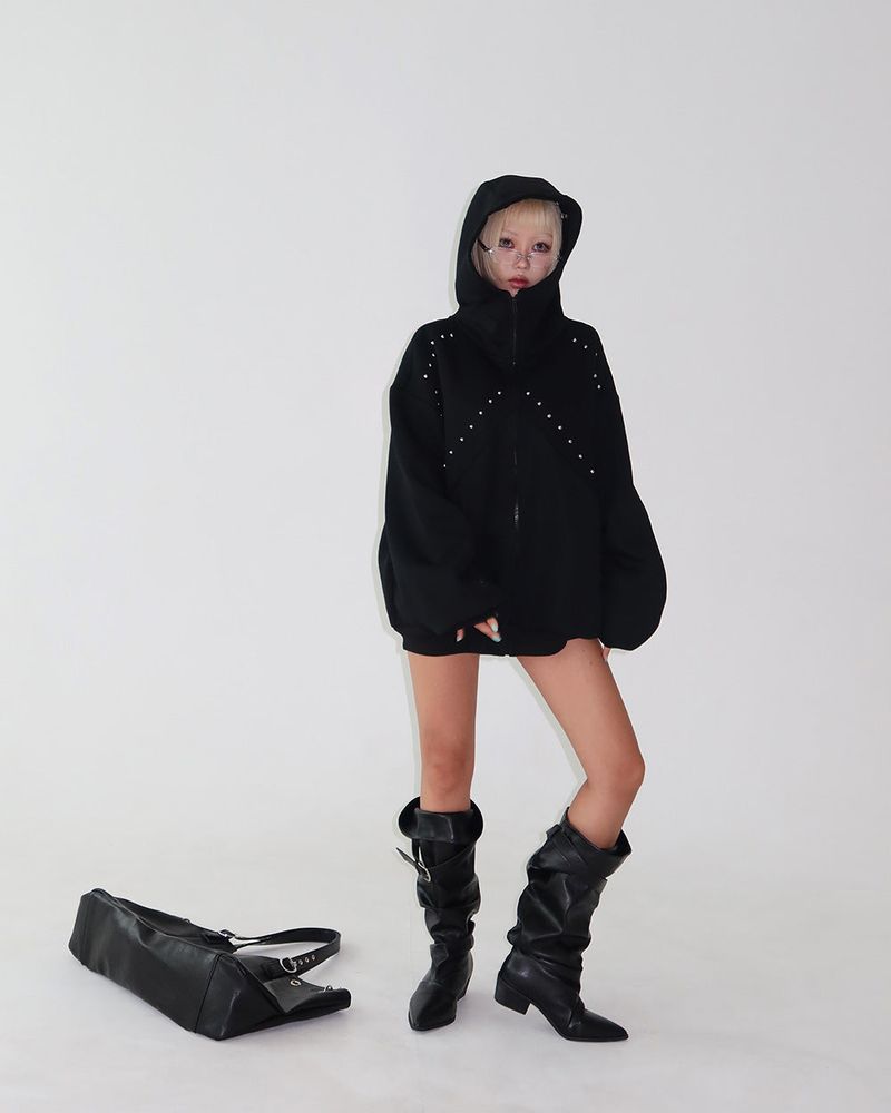 Stud-zzing Oversized High-Neck Hoodie Zip-Up