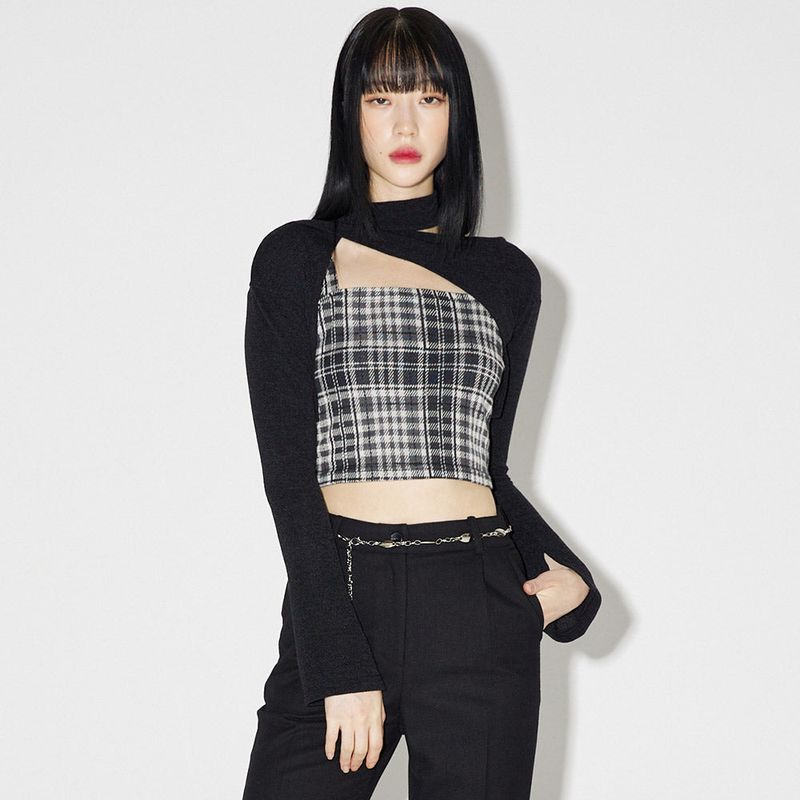 ZEROPLANET（ゼロプラネット）の「レイヤードチェックニットセット / Layered Check Knit Set [BLACK]（Tops）」