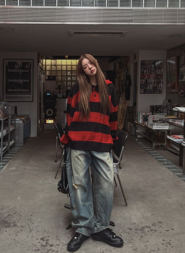 Stripe cable hood warmer knitwear