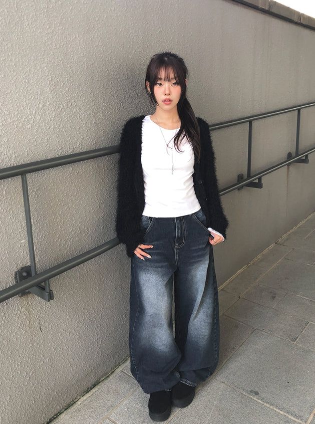 Bowling Hem Snap Wide Washing Denim Pants