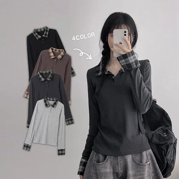 hijjoo（ハイチュー）の「Jellyn Check Snap Collar Long Sleeve T-shirt (4 colors)（Tops）」