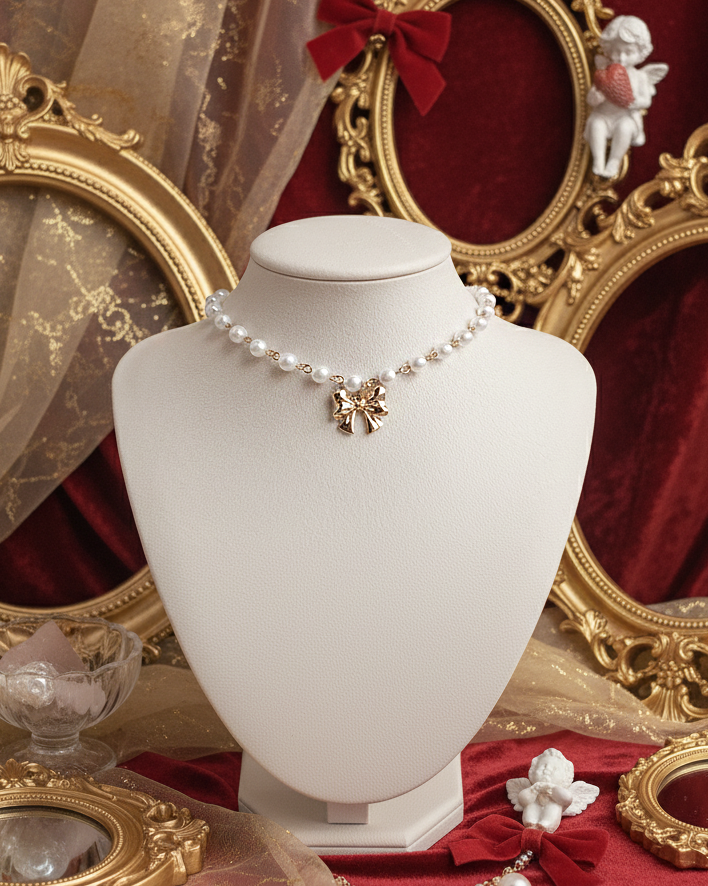 aimelbie（アイメルビー）の「Adorable Ribbon Pearl Choker Necklace - Gold（Accessories）」