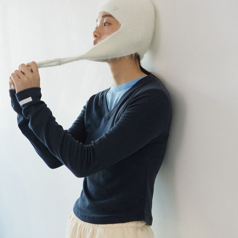 Wool V-neck daily long sleeve_navy