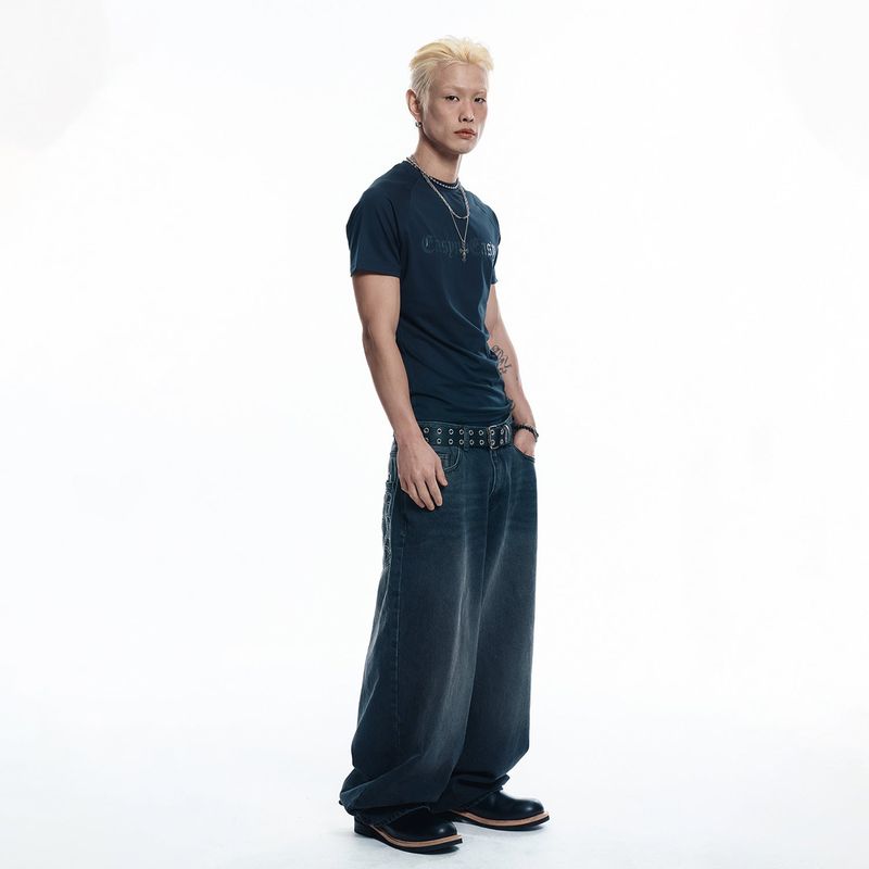 Lettering Wide Denim Pants - BLACK