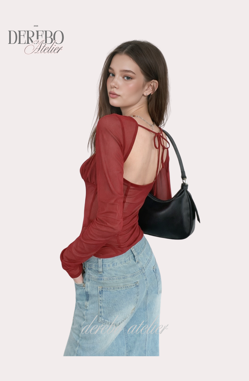 red square chiffon long-sleeve blouse
