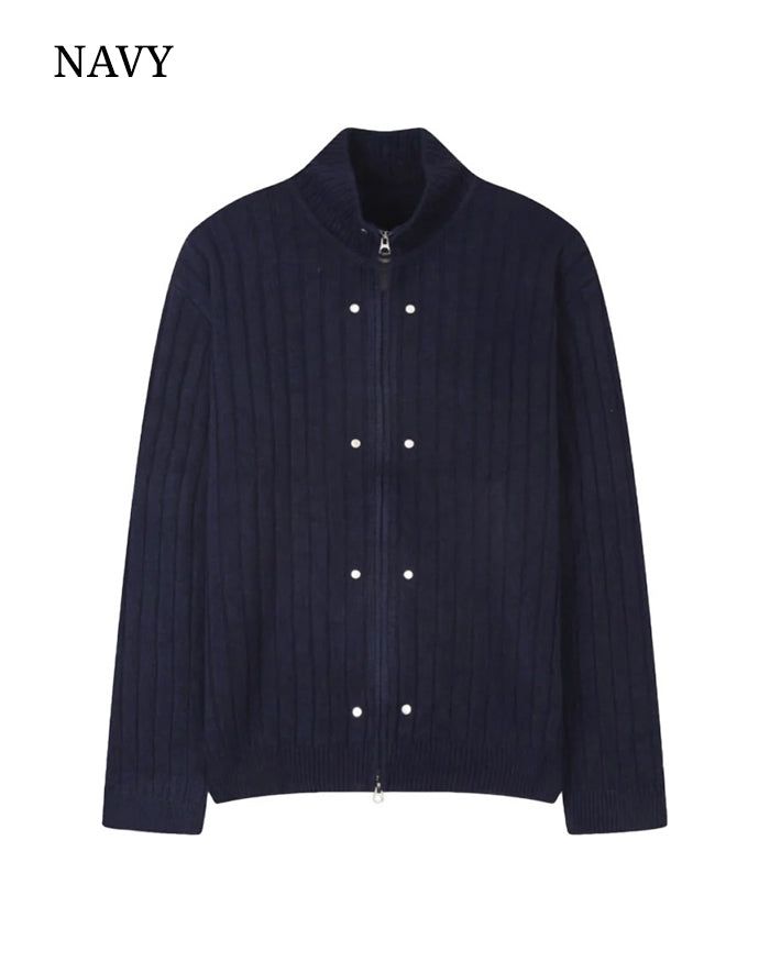 (UNISEX) Rivet Ribbed Knit Zip-Up