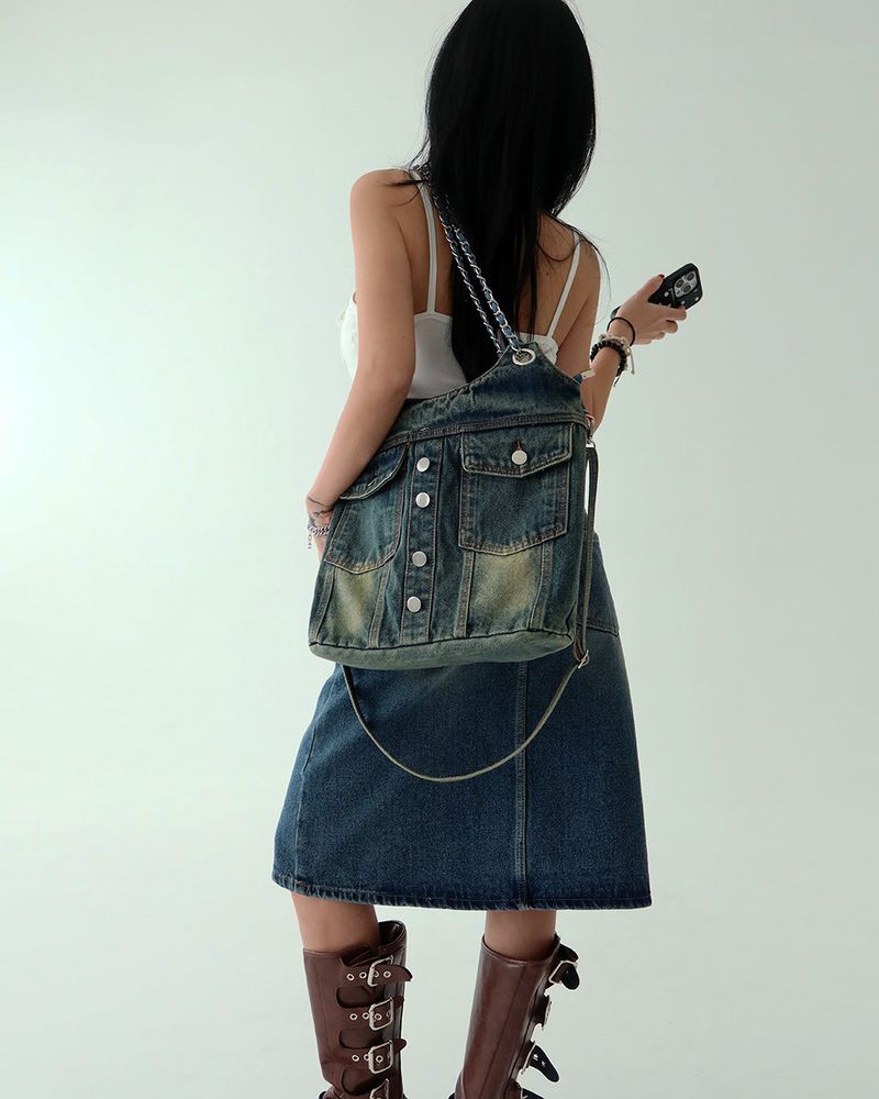 denim pocket chain cross shoulder bag