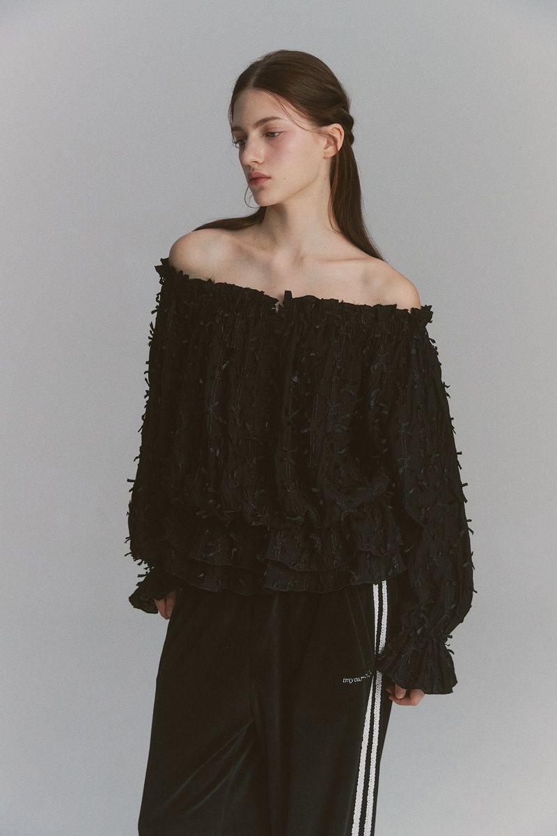 Feather Off Shoulder Blouse Black