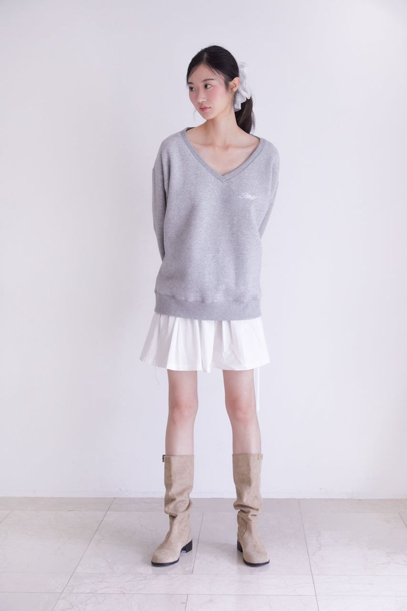 Lettering Deep V-Neck Sweatshirt (MELANGE GREY)