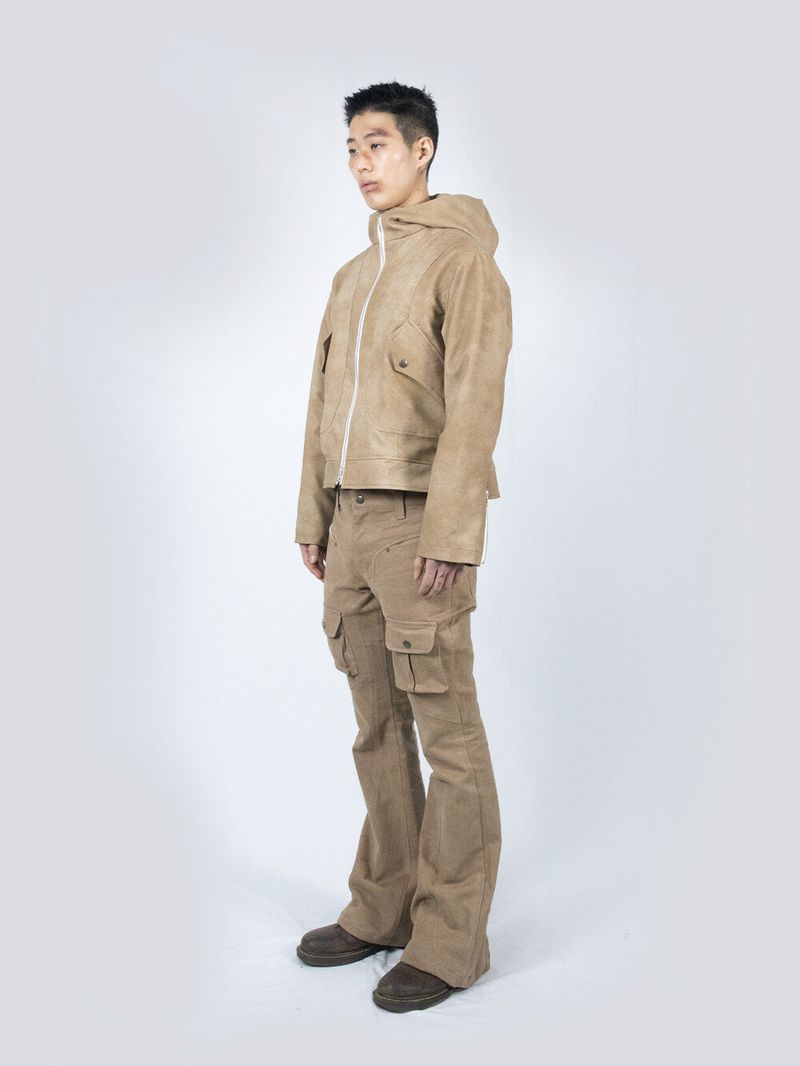 Curved Hood Leather Jacket (Beige)