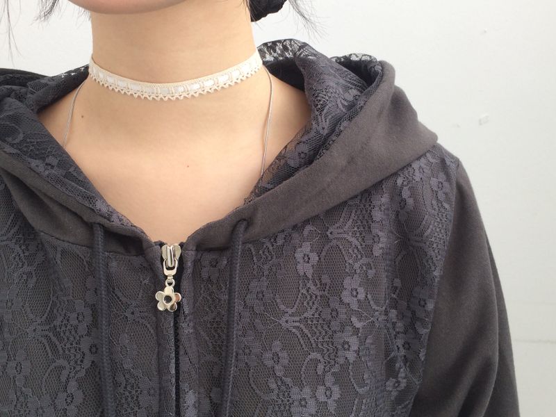 Flower Lace Half-Shirring Hooded Zip-Up
