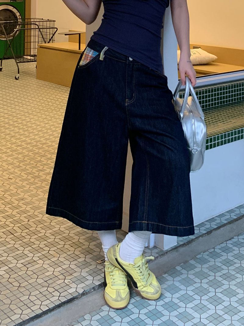Checked pocket dark blue wide cropped denim