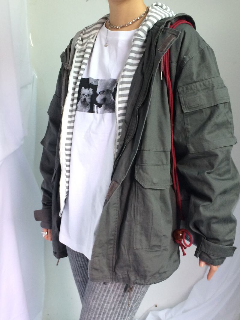 Stripe Semi-Crop Hooded Zip-Up