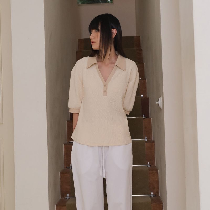 Cream Half Open Collar Tee