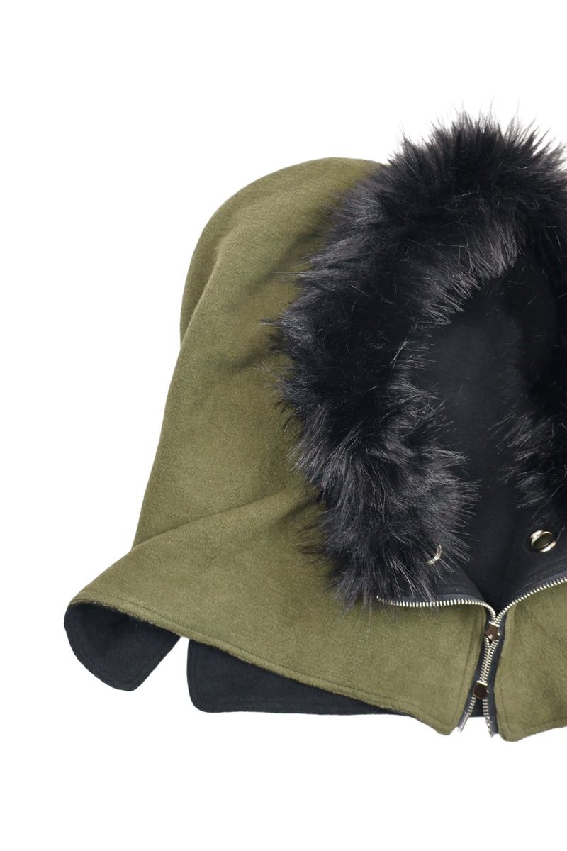 FUR HOODED WARMER - KHAKI BLACK