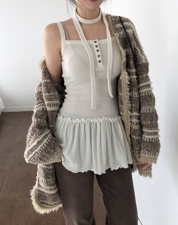 Tiz Button Ruffle Layered Sleeveless Scarf Set