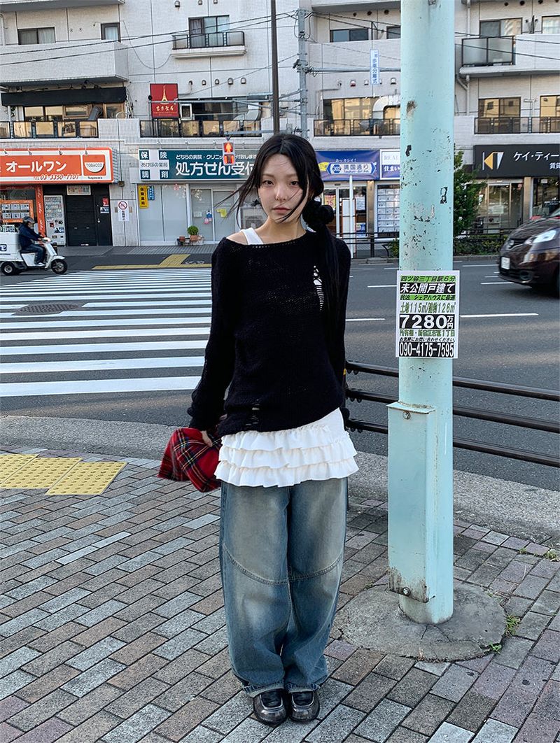 DAMAGE BOAT NECK LOOSE KNIT (3C)