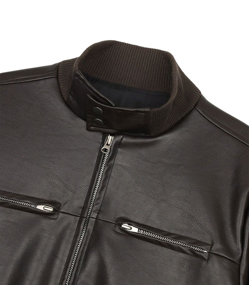 High Neck Leather Crop Jacket - Brown