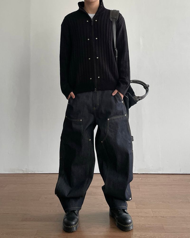 Dot Rivet Ribbed Knit Zip-up