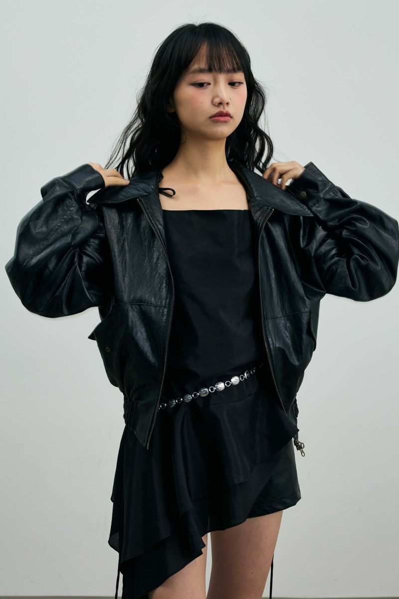 PAMELA LEATHER BOMBER JACKET / BLACK