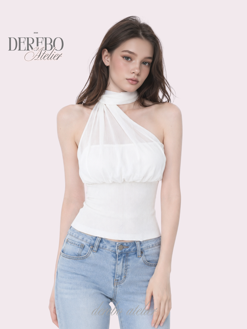 one-shoulder mint chiffon sleeveless top