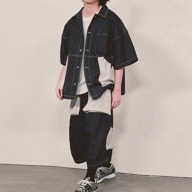 reverse terry pocket denim capri shorts_blue