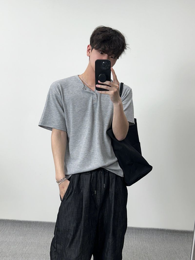 ワッフルヘンリーネックハーフTシャツ