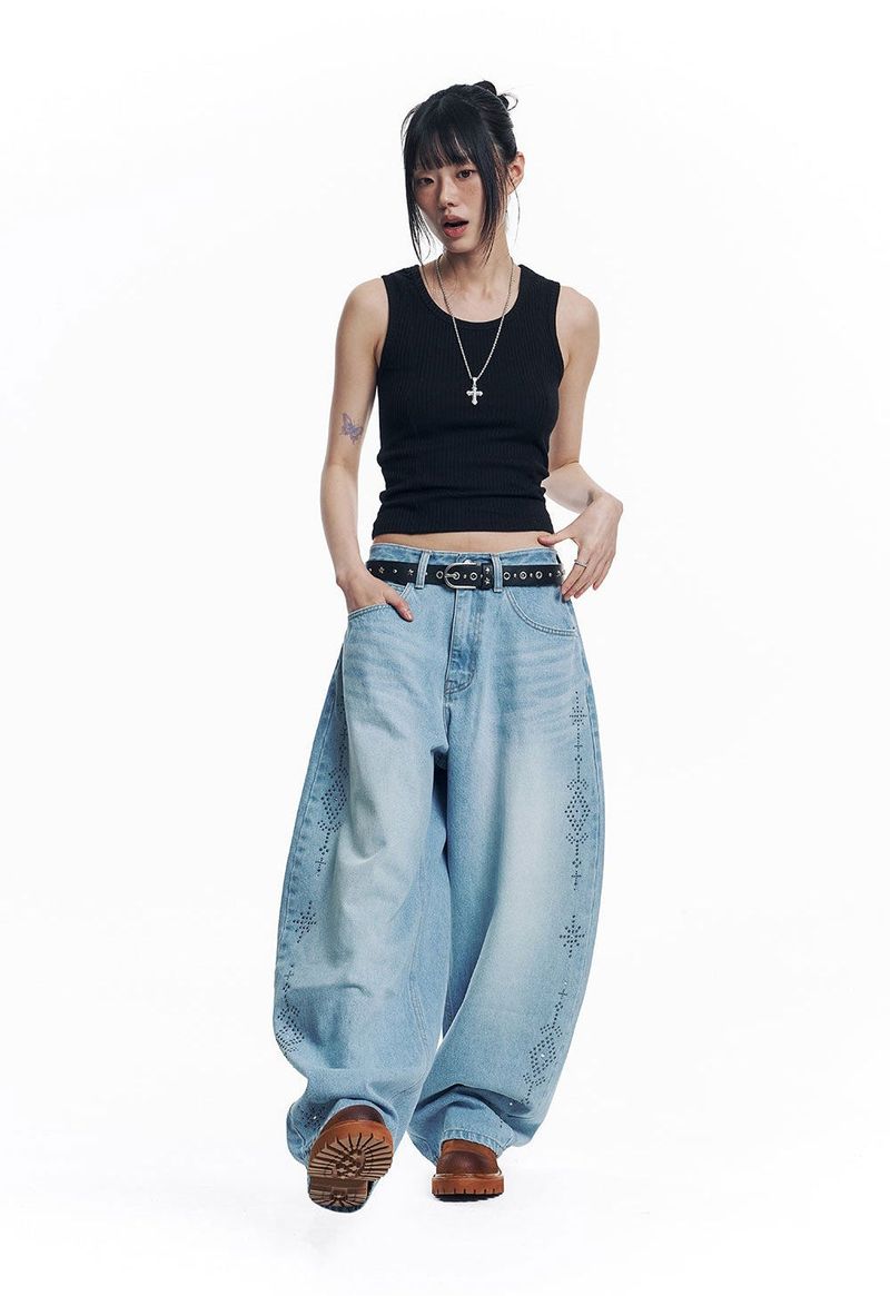 Curved Western Stud Denim Pants - Light Blue