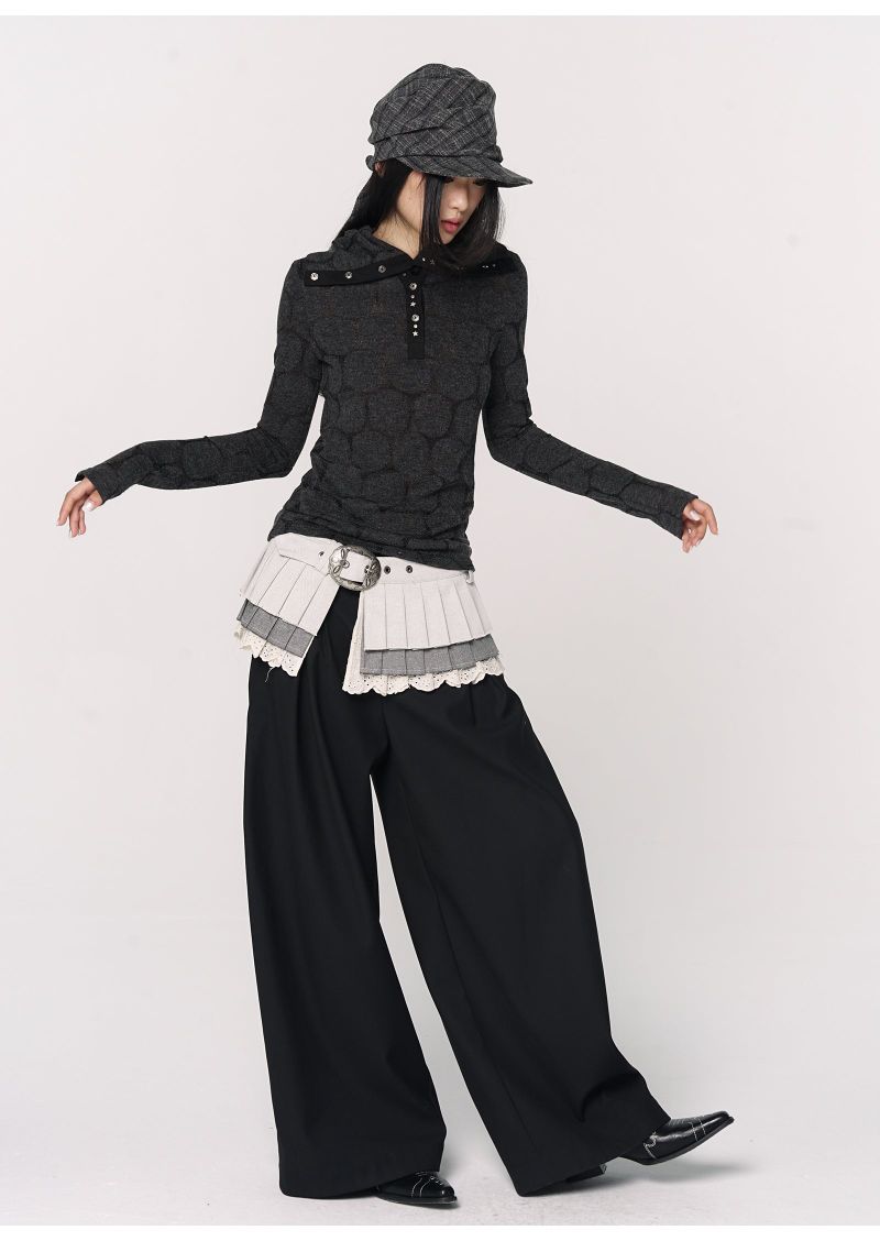 CONFUN Henry rivet patchwork lapel jacquard knitted slim top