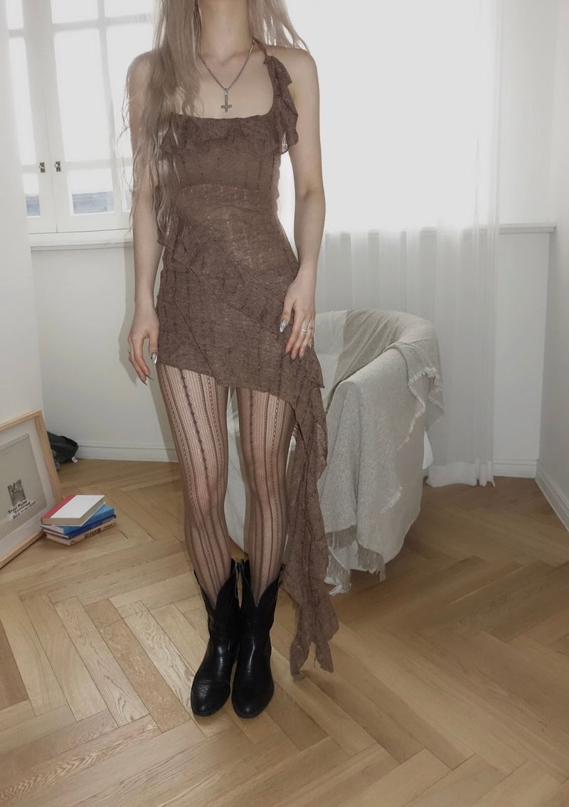 Brown Asymmetrical Ruffle Mini Dress
